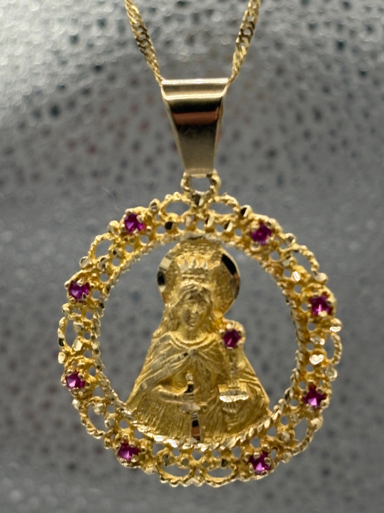 14 Karat Yellow Gold Ladies/Gents Blessed Mother Ruby Pendant