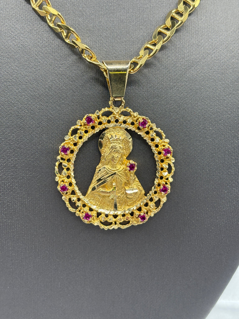 14 Karat Yellow Gold Anchor Link Chain & Blessed Mother Pendant