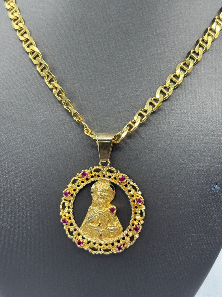 14 Karat Yellow Gold Anchor Link Chain & Blessed Mother Pendant