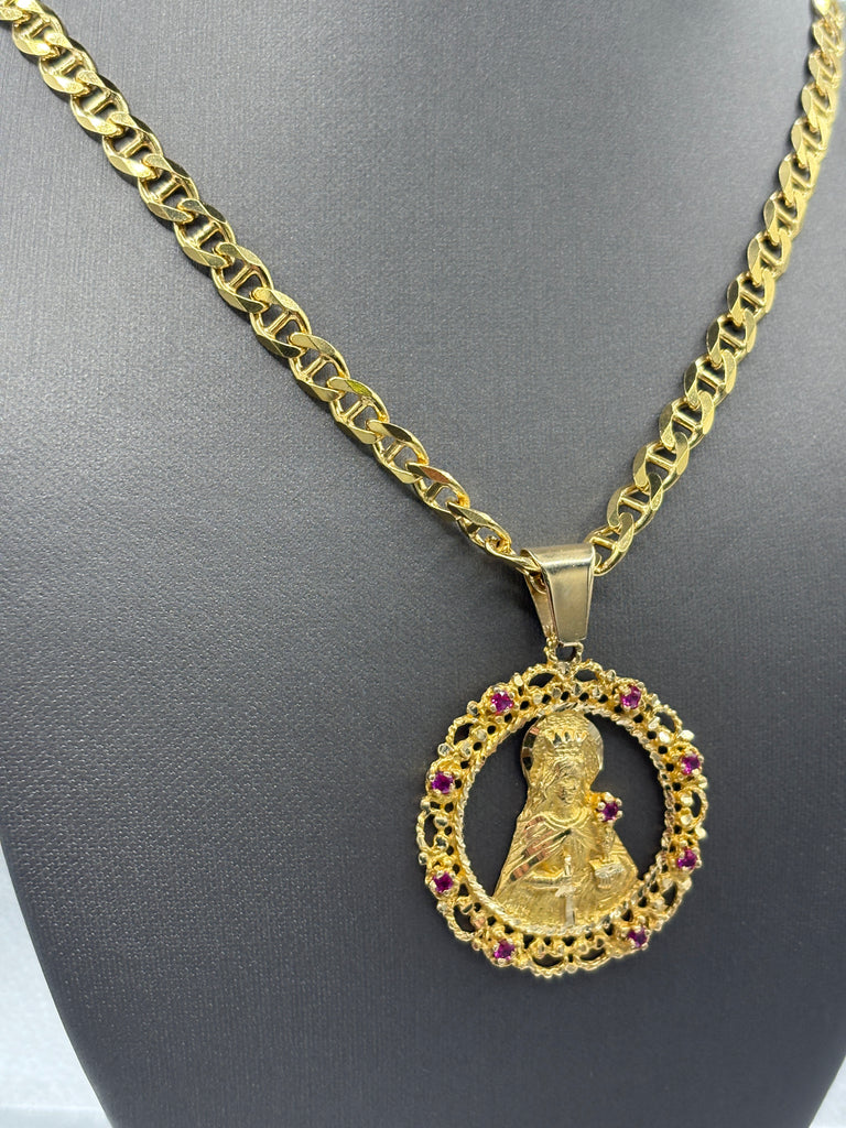 14 Karat Yellow Gold Anchor Link Chain & Blessed Mother Pendant