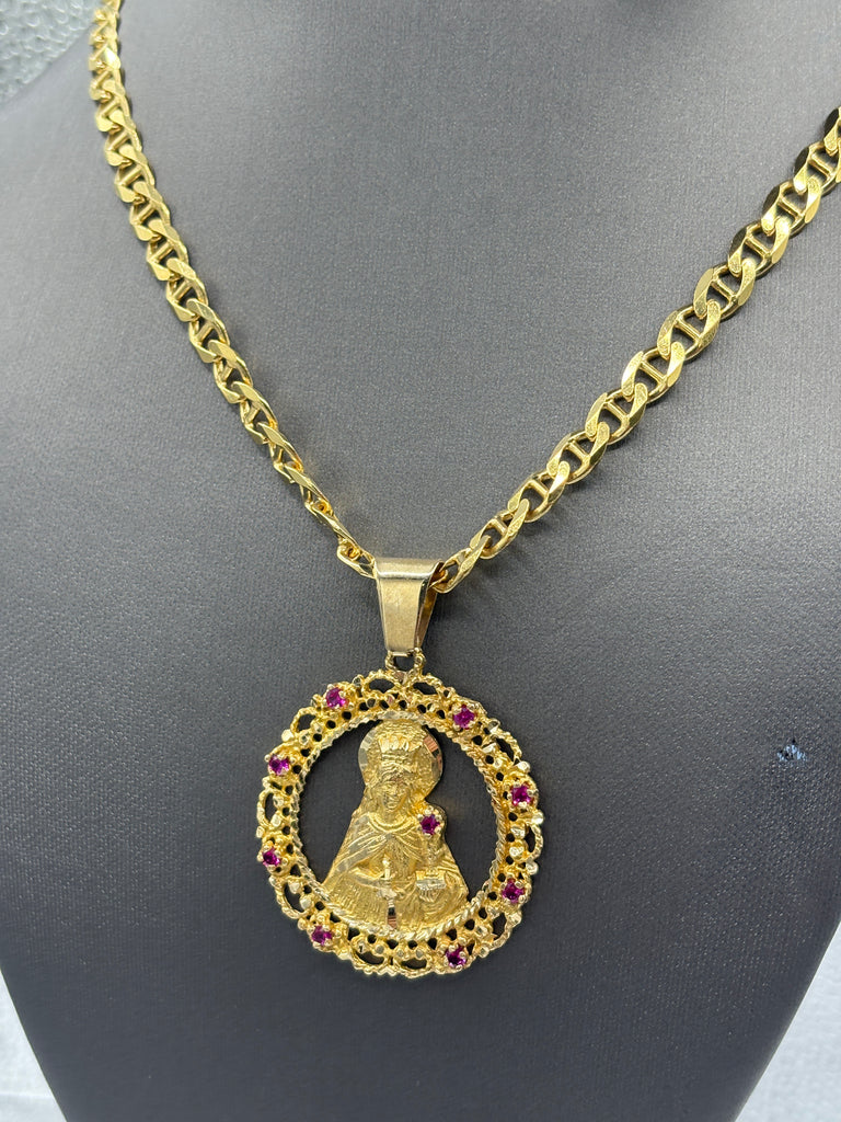 14 Karat Yellow Gold Anchor Link Chain & Blessed Mother Pendant