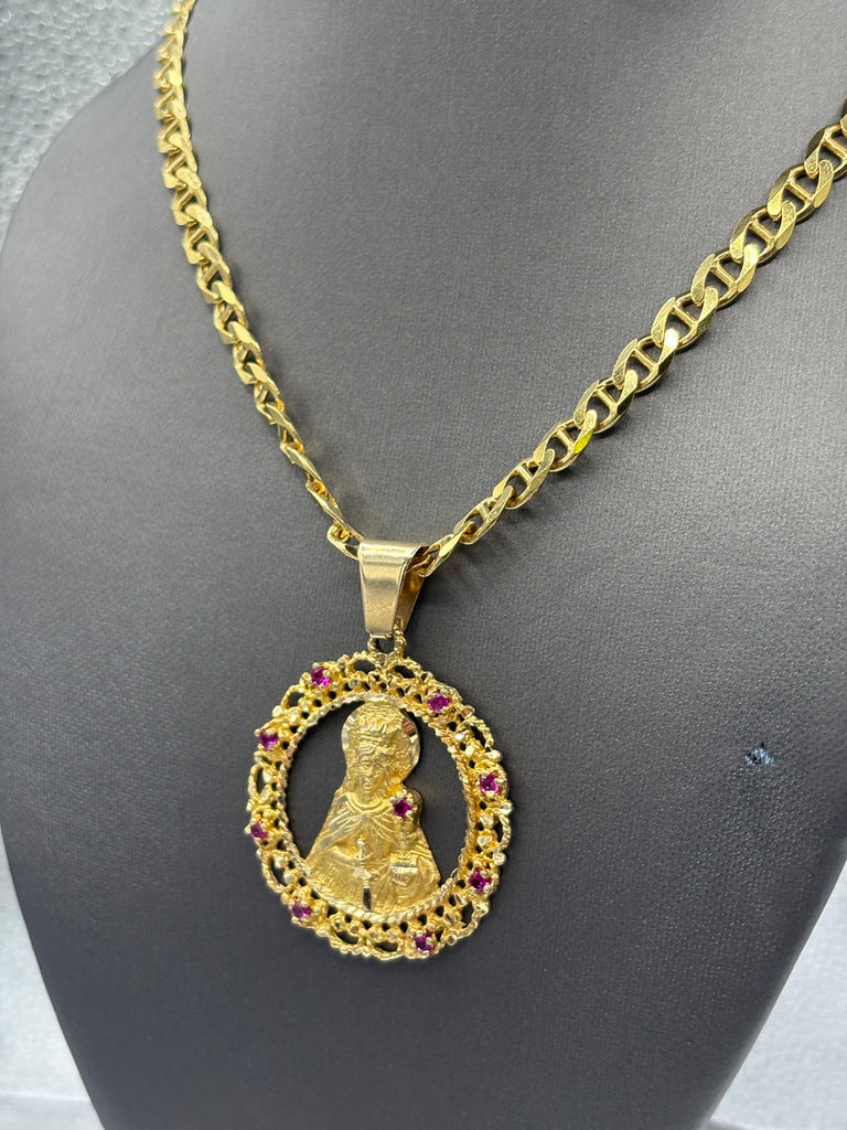 14 Karat Yellow Gold Anchor Link Chain & Blessed Mother Pendant