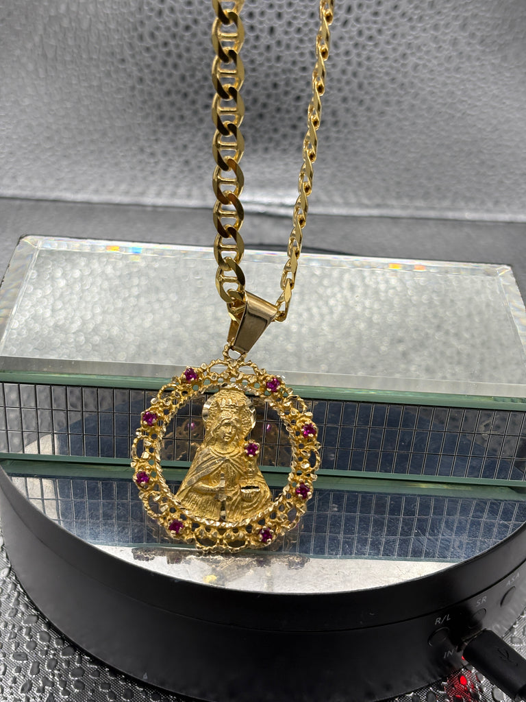 14 Karat Yellow Gold Anchor Link Chain & Blessed Mother Pendant