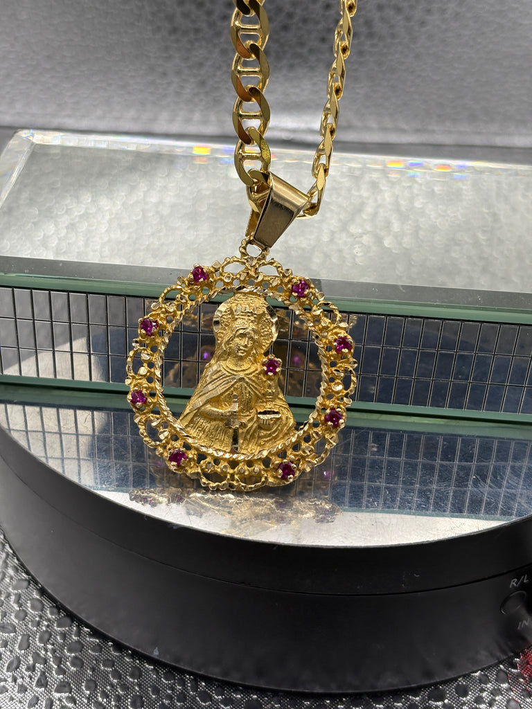 14 Karat Yellow Gold Anchor Link Chain & Blessed Mother Pendant