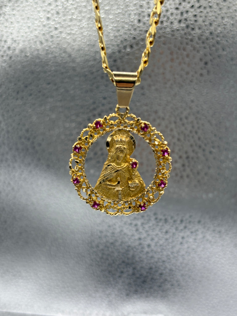 14 Karat Yellow Gold Anchor Link Chain & Blessed Mother Pendant