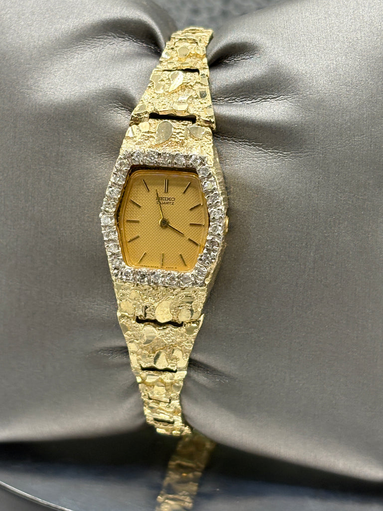 14 Karat Yellow Gold Vintage Ladies Seiko Diamond Nugget Watch