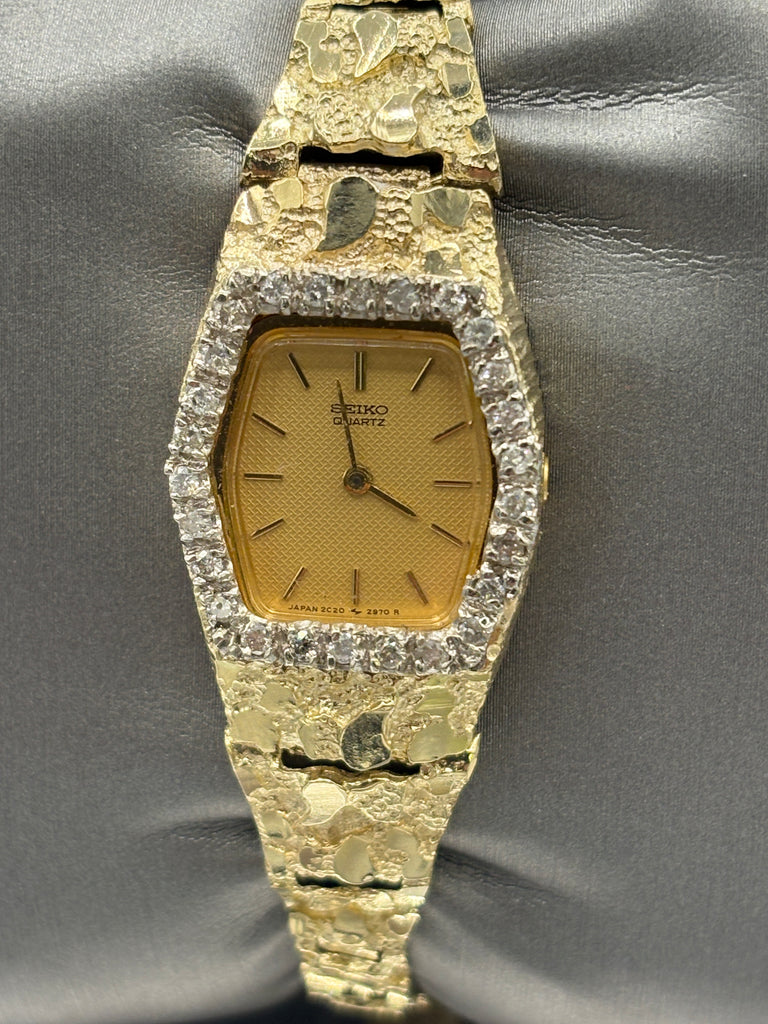 14 Karat Yellow Gold Vintage Ladies Seiko Diamond Nugget Watch