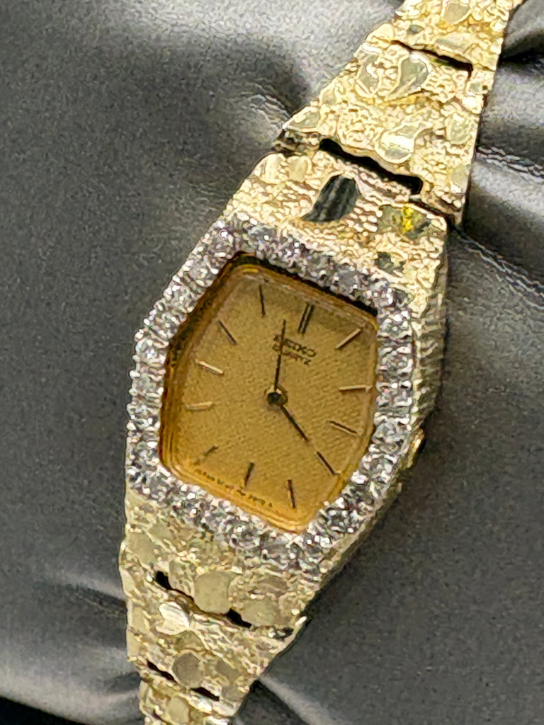 14 Karat Yellow Gold Vintage Ladies Seiko Diamond Nugget Watch