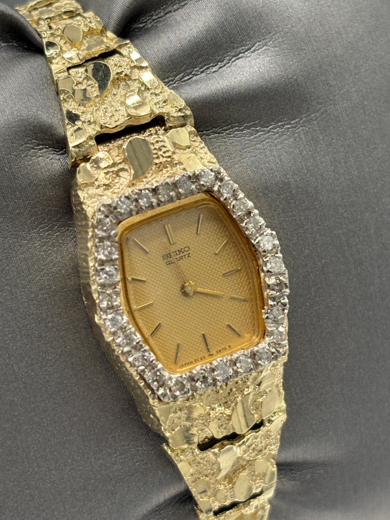 14 Karat Yellow Gold Vintage Ladies Seiko Diamond Nugget Watch