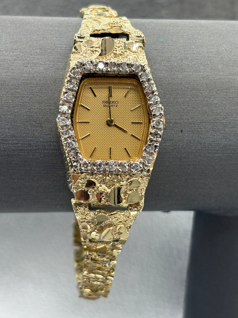 14 Karat Yellow Gold Vintage Ladies Seiko Diamond Nugget Watch