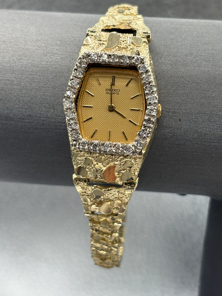 14 Karat Yellow Gold Vintage Ladies Seiko Diamond Nugget Watch
