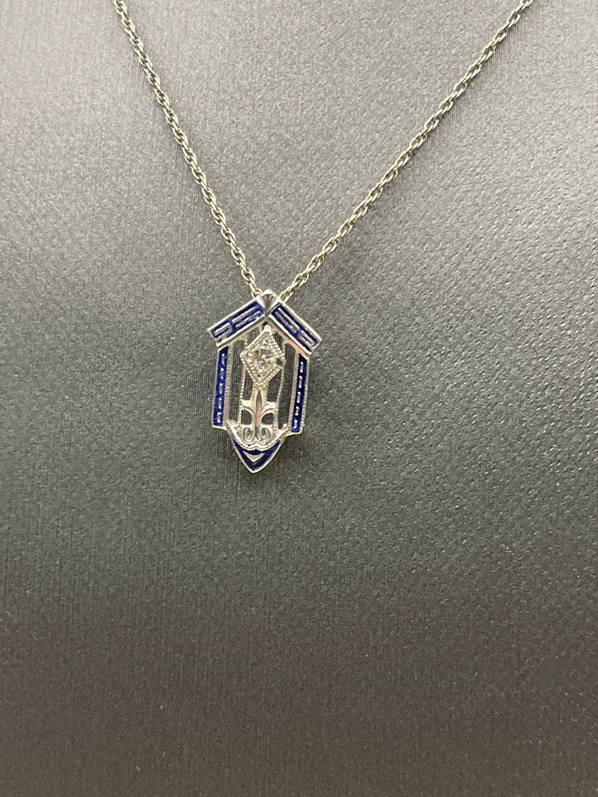 Antique Ladies 14 Karat White Gold Diamond Cathedral Blue Enamel Pendant