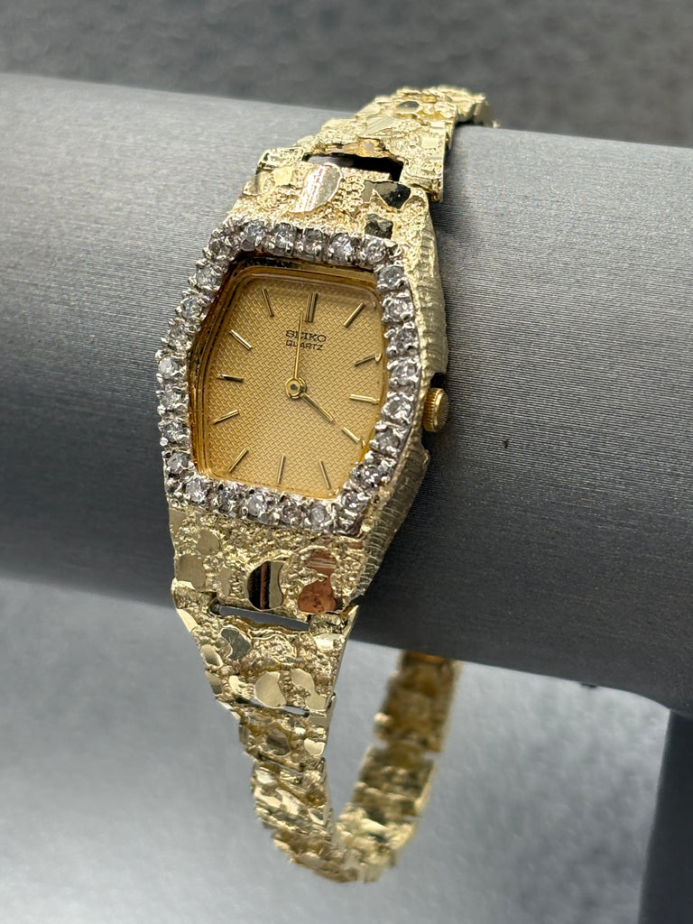 14 Karat Yellow Gold Vintage Ladies Seiko Diamond Nugget Watch