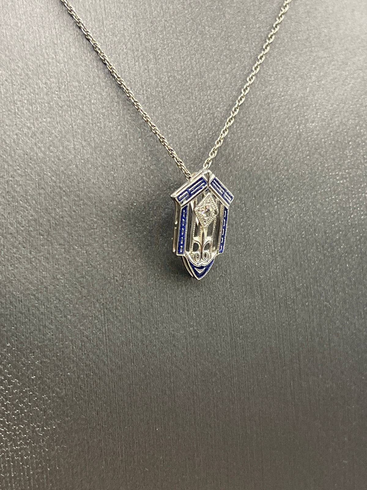Antique Ladies 14 Karat White Gold Diamond Cathedral Blue Enamel Pendant