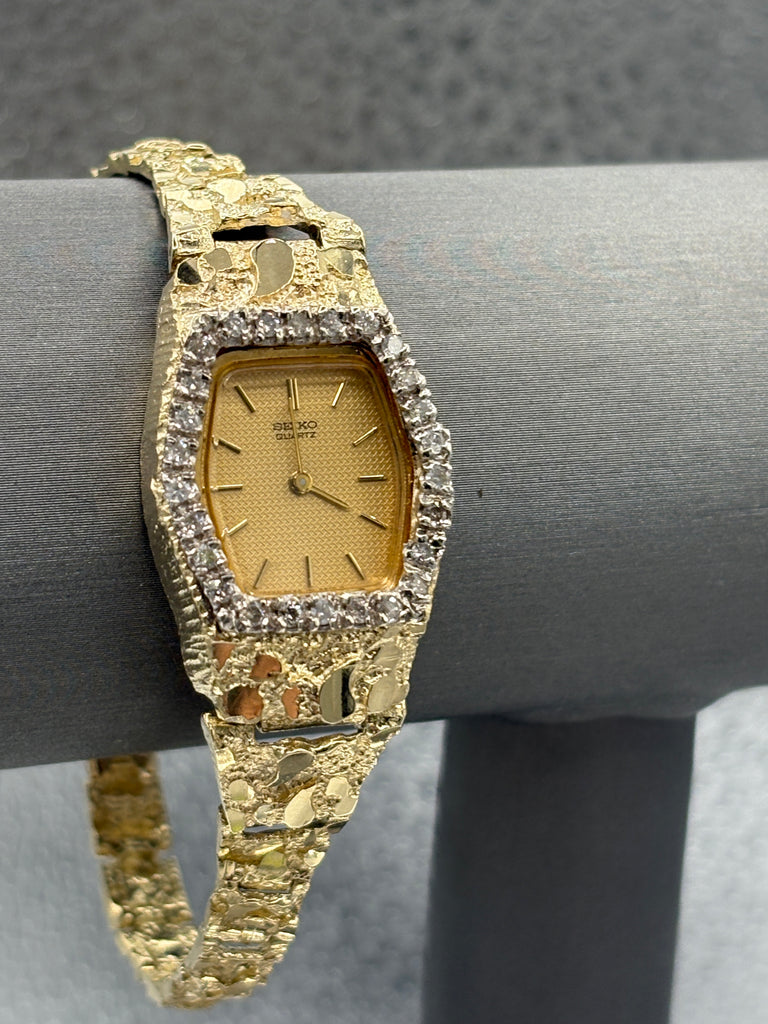 14 Karat Yellow Gold Vintage Ladies Seiko Diamond Nugget Watch