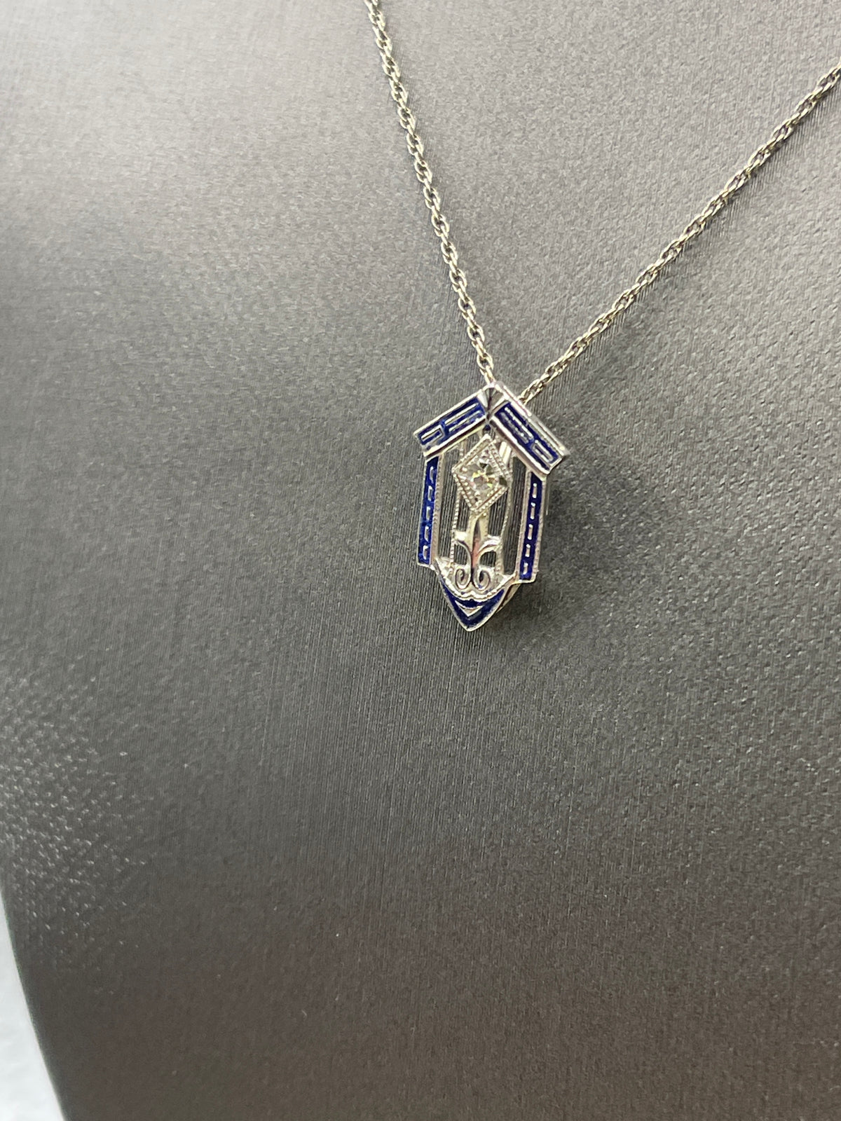 Antique Ladies 14 Karat White Gold Diamond Cathedral Blue Enamel Pendant