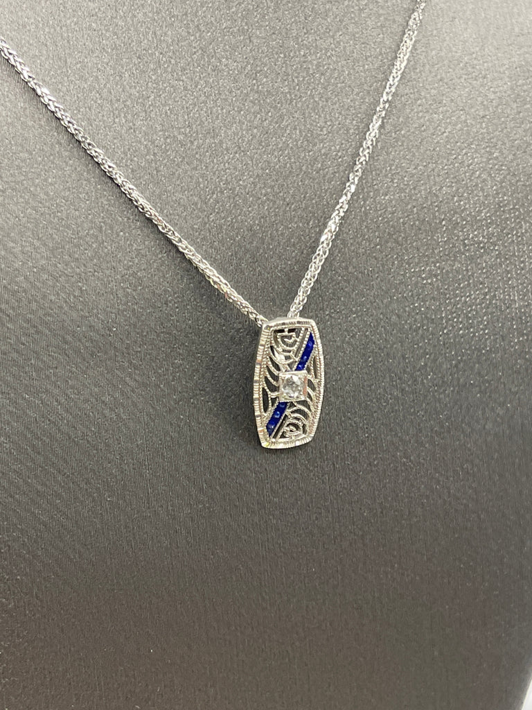 View two of Ladies Antique 14 Karat White Gold Sapphire Enamel & Diamond Pendant