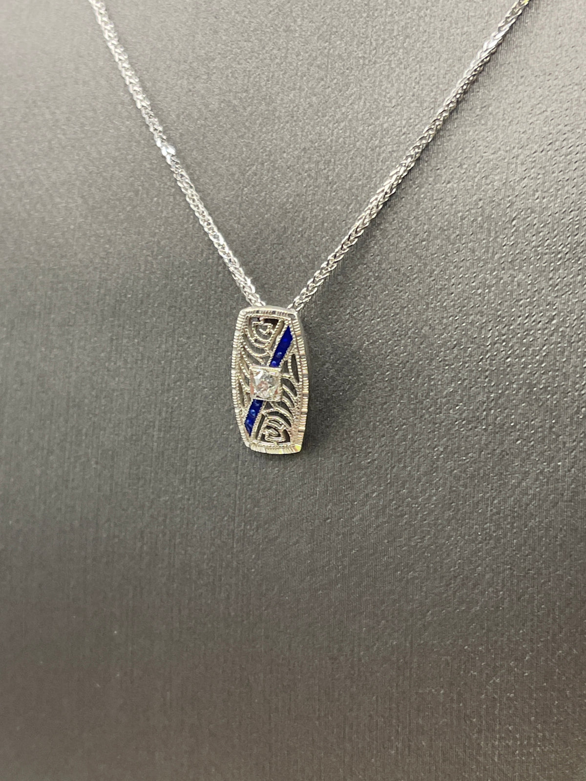View three of Ladies Antique 14 Karat White Gold Sapphire Enamel & Diamond Pendant