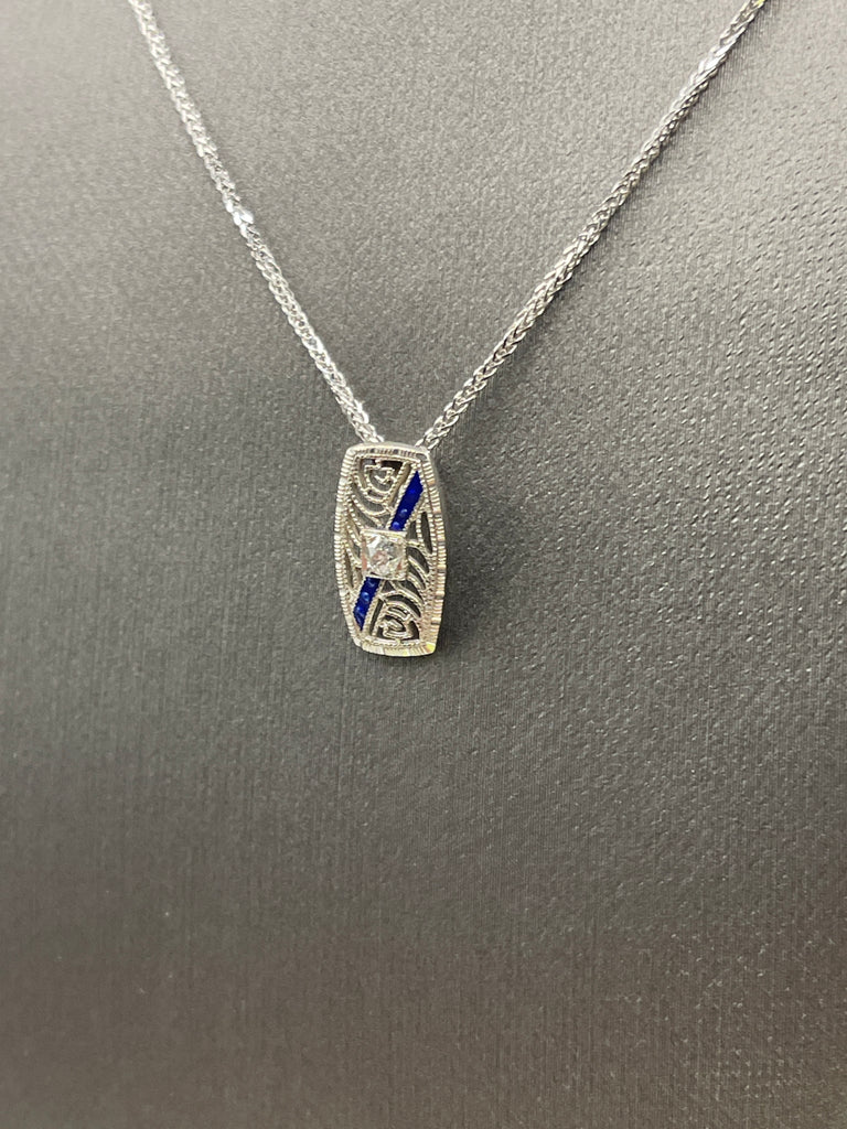 View three of Ladies Antique 14 Karat White Gold Sapphire Enamel & Diamond Pendant
