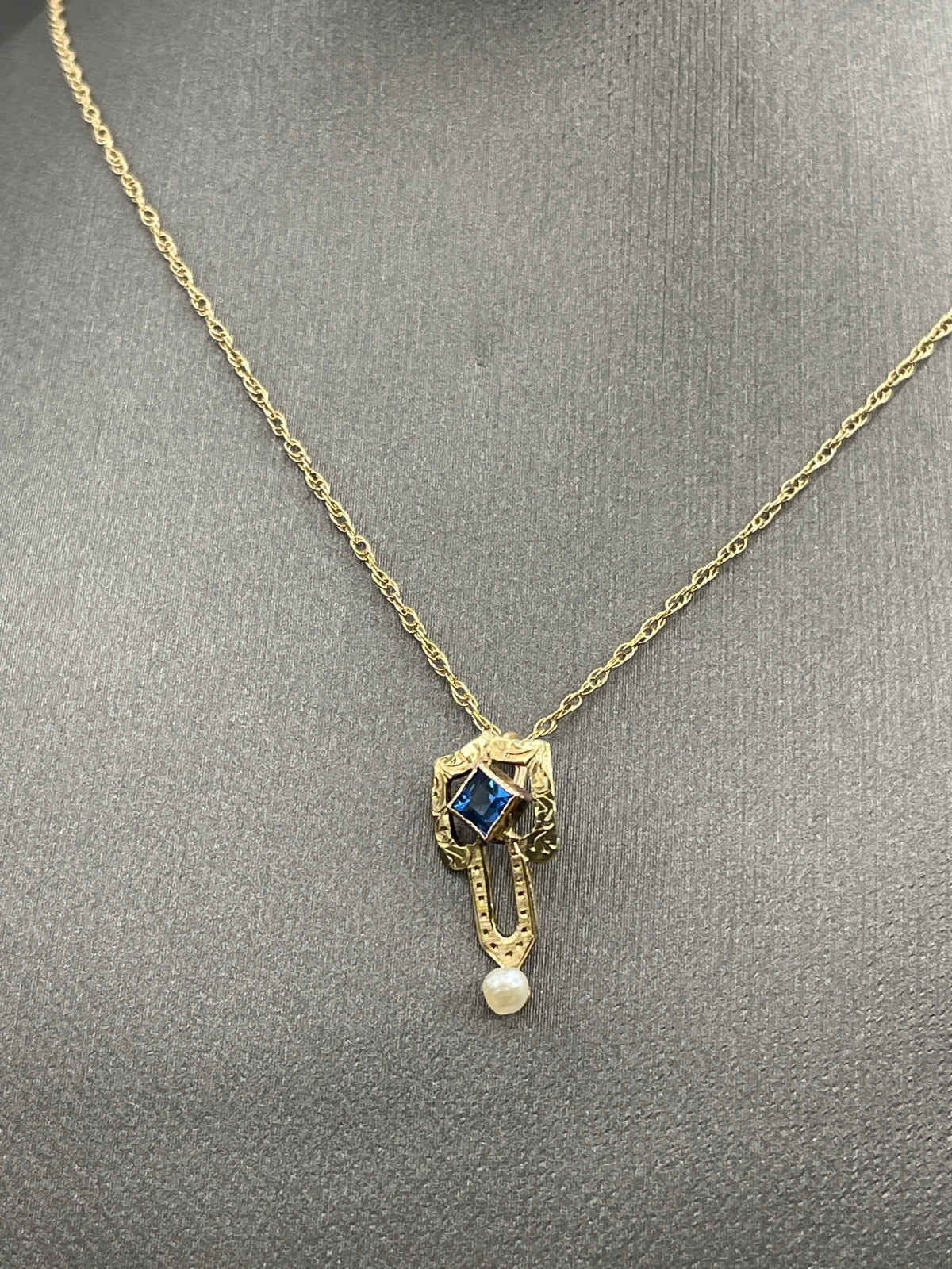 View one of Ladies Antique 14 Karat Yellow Gold Sapphire & Pearl Necklace