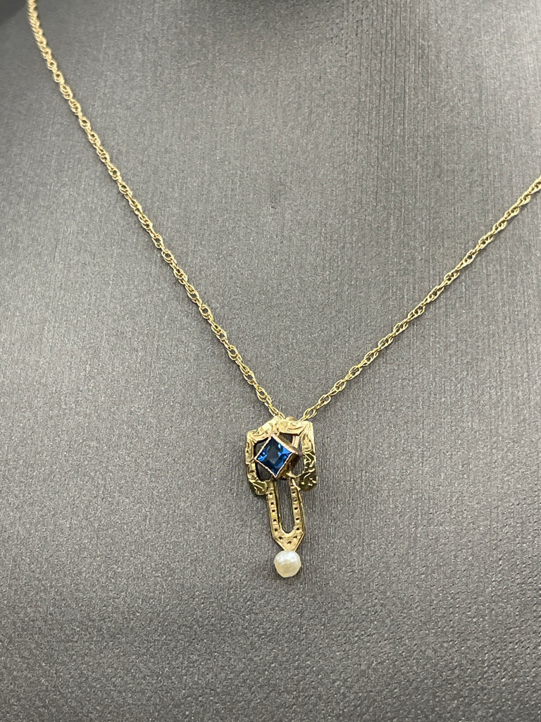 View one of Ladies Antique 14 Karat Yellow Gold Sapphire & Pearl Necklace