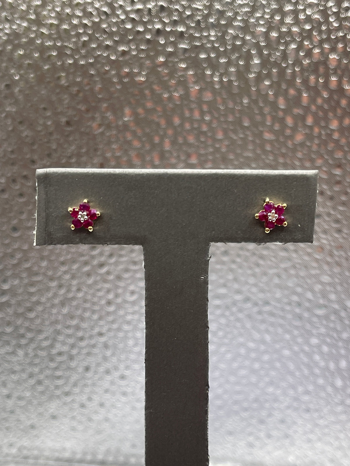 Ladies 10 Karat Solid Yellow Gold Ruby and Diamond Stud Earrings