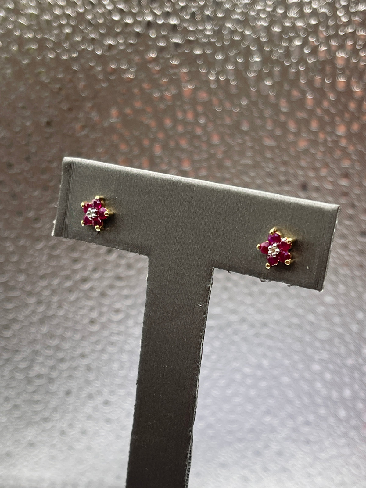 Ladies 10 Karat Solid Yellow Gold Ruby and Diamond Stud Earrings