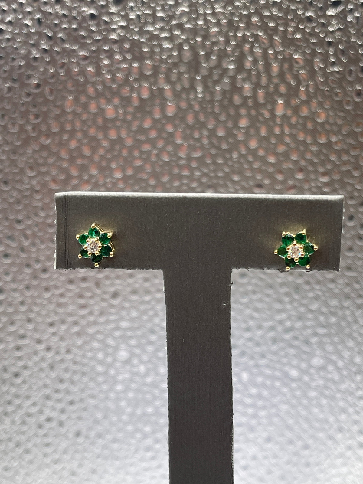Ladies 14 Karat Solid Yellow Gold Emerald and Diamond Floral Earrings