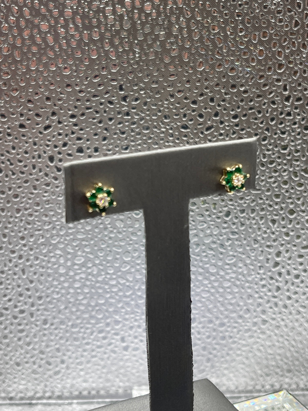 Ladies 14 Karat Solid Yellow Gold Emerald and Diamond Floral Earrings