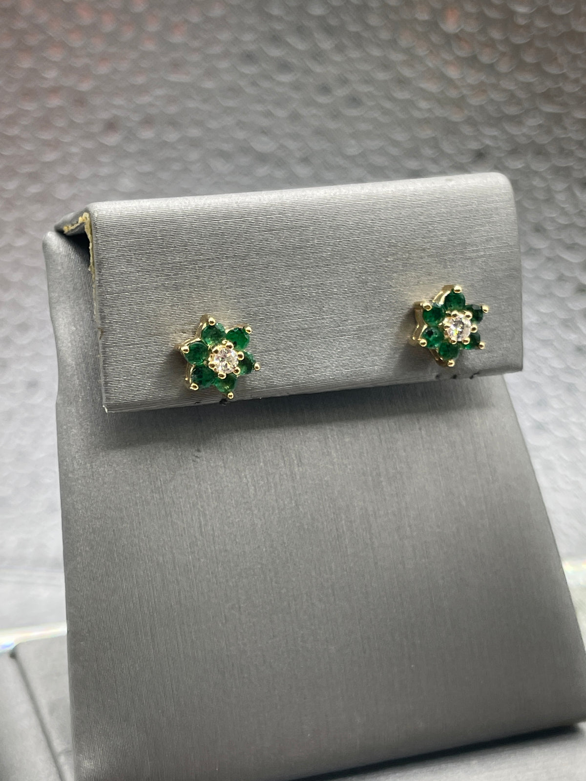 Ladies 14 Karat Solid Yellow Gold Emerald and Diamond Floral Earrings