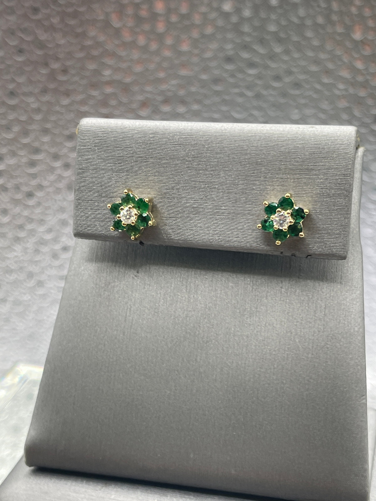 Ladies 14 Karat Solid Yellow Gold Emerald and Diamond Floral Earrings