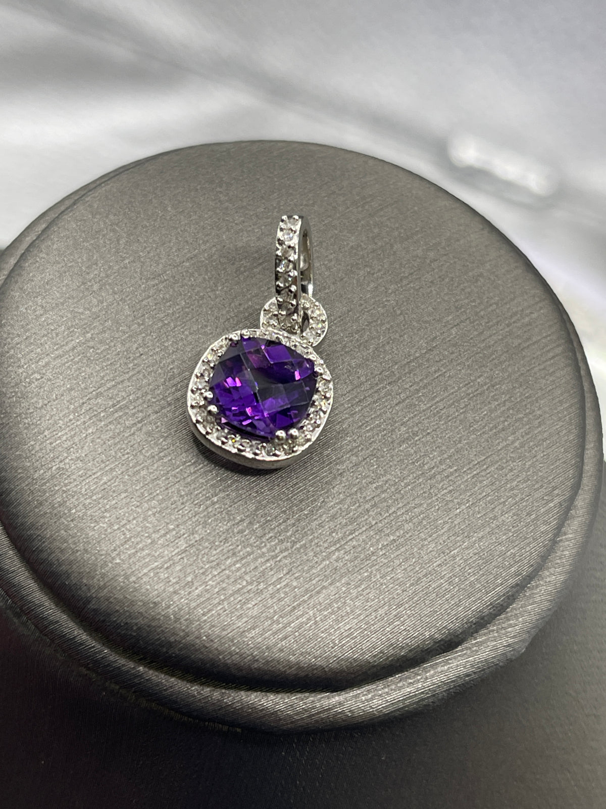 Ladies 10 Karat Solid White Gold Amethyst and Diamond Pendant