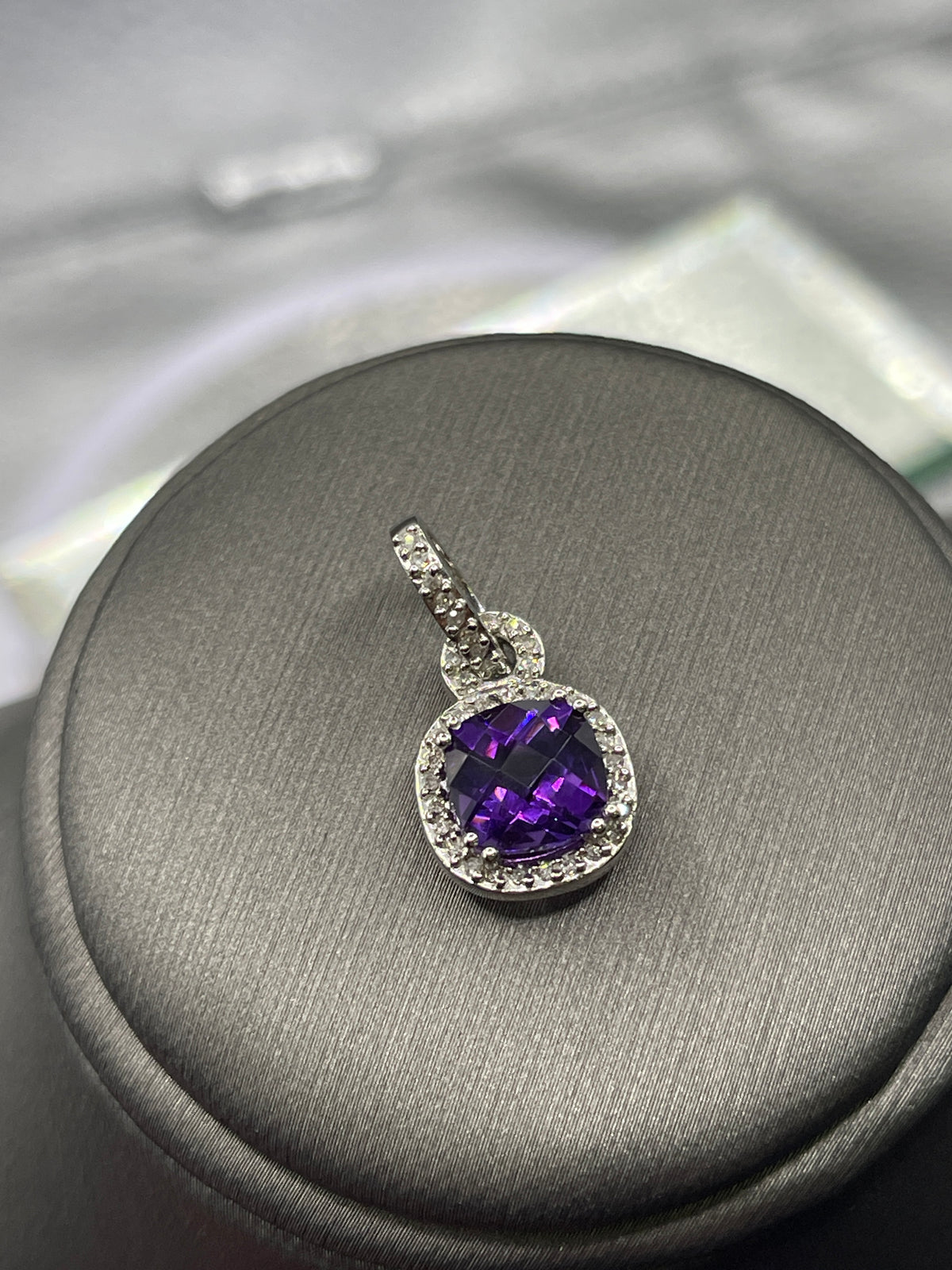 Ladies 10 Karat Solid White Gold Amethyst and Diamond Pendant