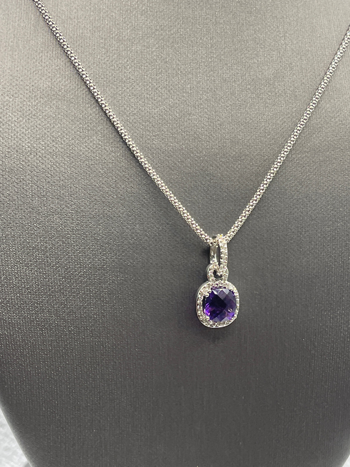 Ladies 10 Karat Solid White Gold Amethyst and Diamond Pendant