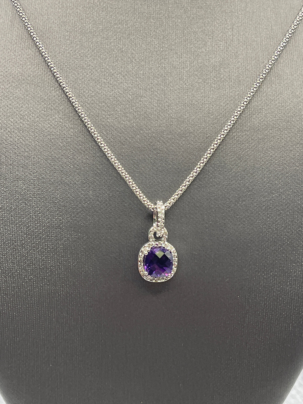Ladies 10 Karat Solid White Gold Amethyst and Diamond Pendant