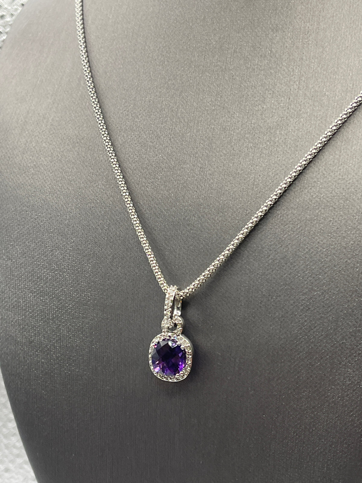 Ladies 10 Karat Solid White Gold Amethyst and Diamond Pendant