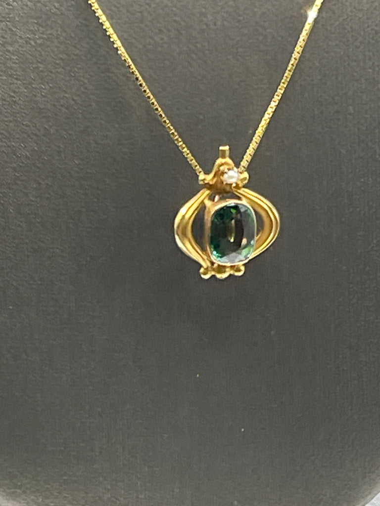 View one of Ladies Antique Beautiful 14 Karat Solid Yellow Gold Emerald and Diamond Necklace