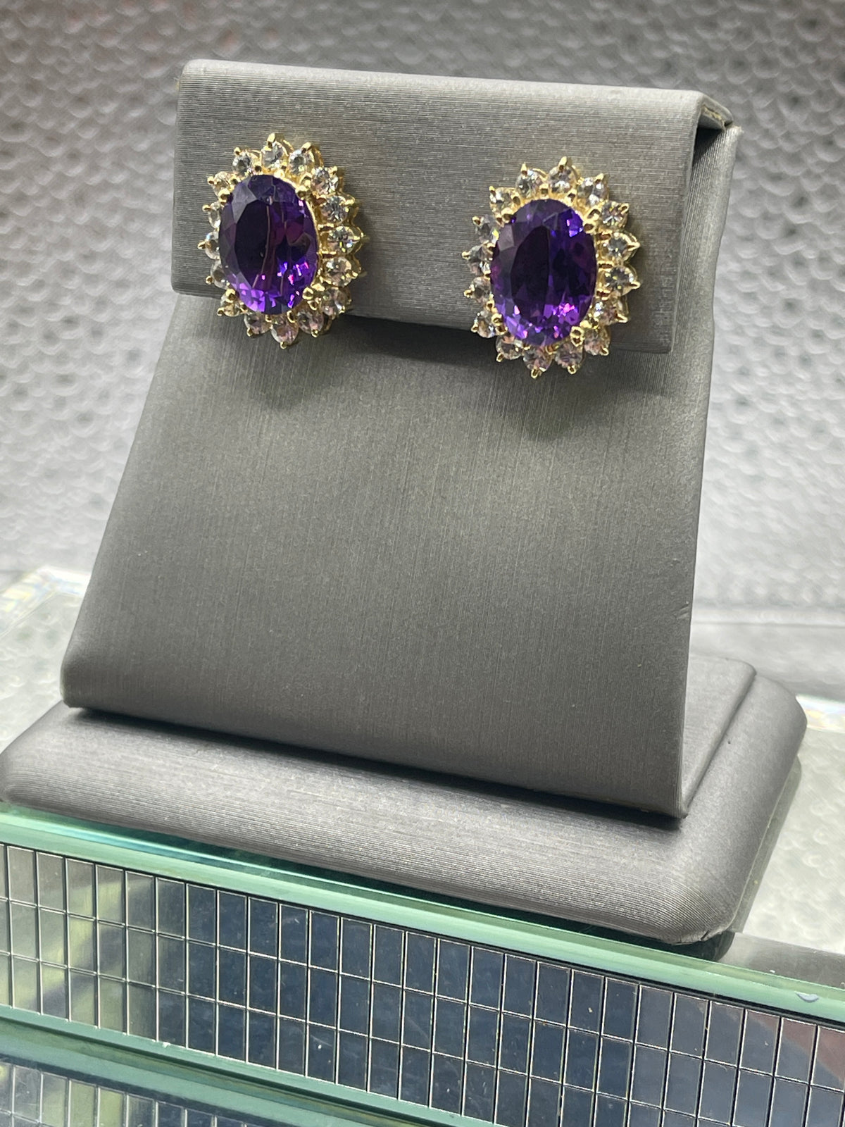 View three of Ladies 14 Karat Oval Yellow Gold Amethyst and Cubic Zircon Earrings