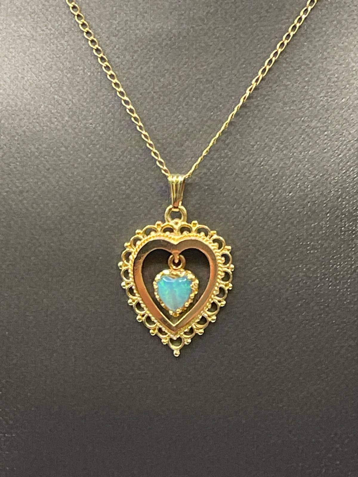 View two of Ladies 14 Karat Solid Yellow Gold Opal Heart Pendant