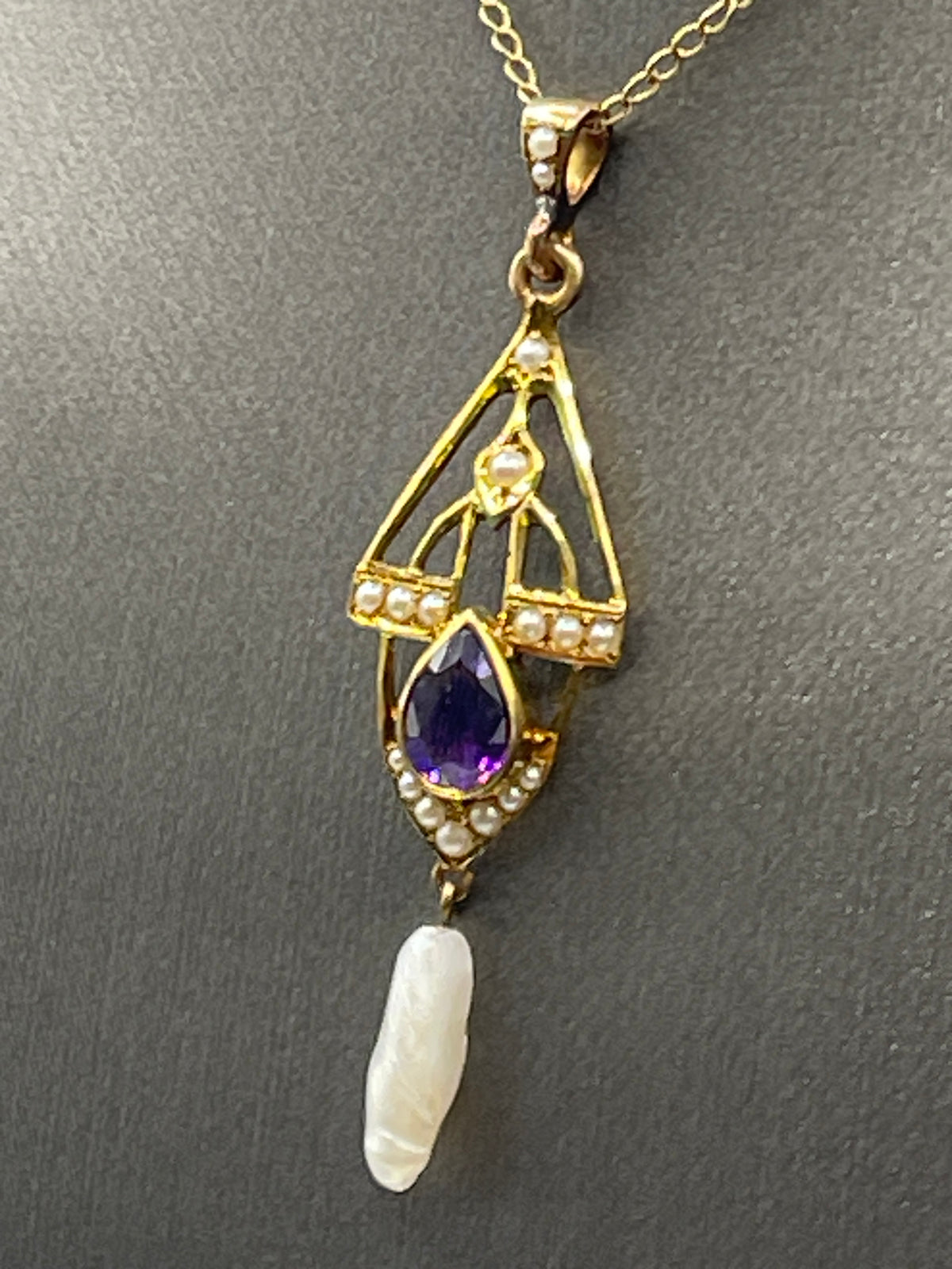 View two of Ladies Antique 10 Karat Solid Yellow Gold Amethyst and Pearl Pendant
