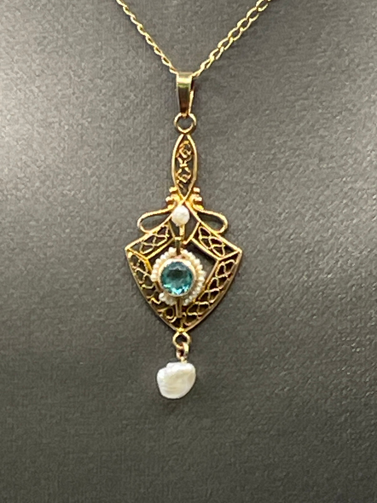 View one of Antique Ladies 10 Karat Solid Yellow Gold Obsidian and Pearl Pendant