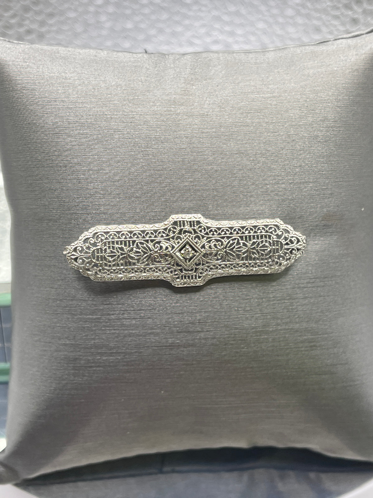 View one of Ladies Antique 14 Karat Solid White Gold Diamond Filigree Pin