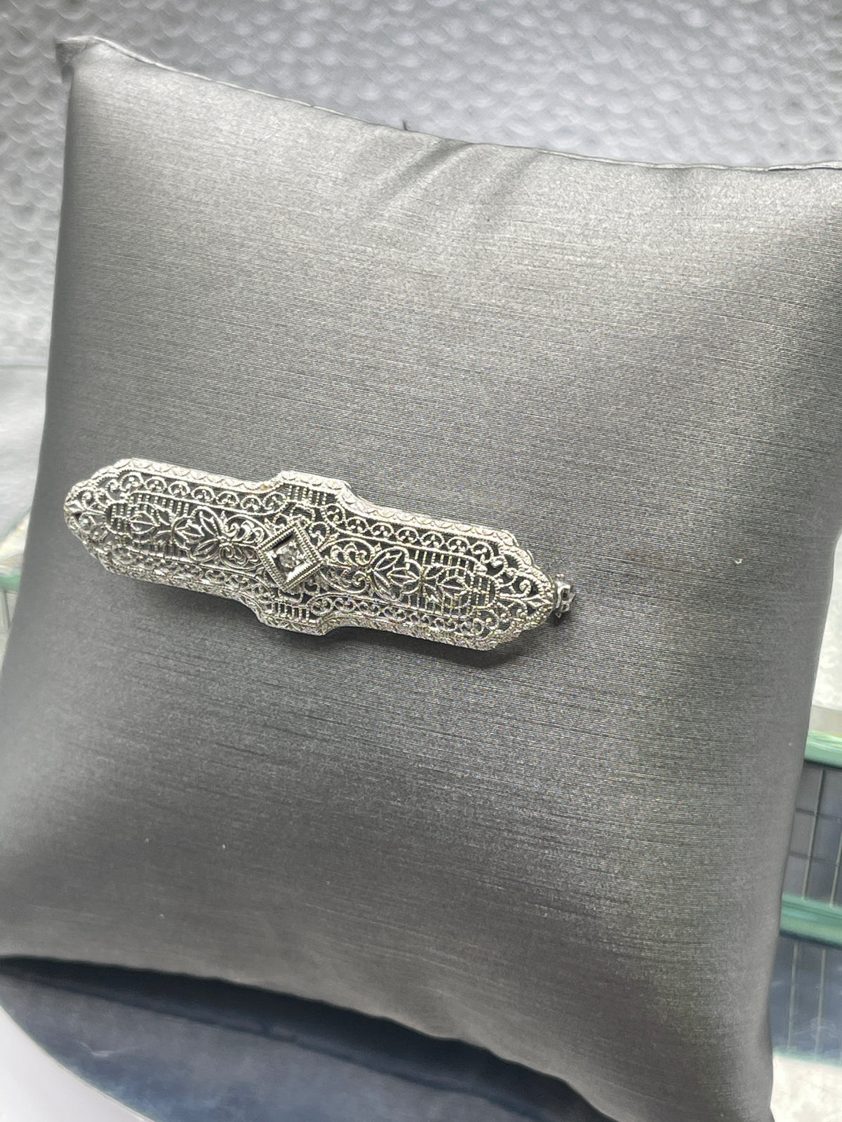 View two of Ladies Antique 14 Karat Solid White Gold Diamond Filigree Pin