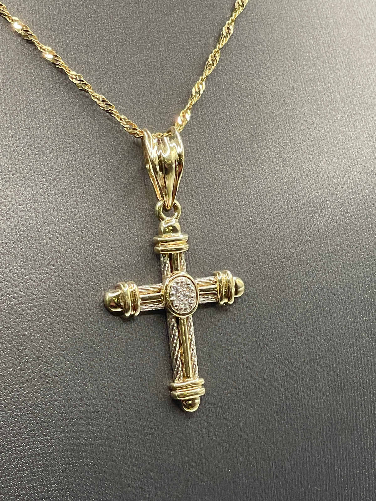Ladies or Gents 14 Karat Solid Two-Tone Gold and Diamond Cross Pendant