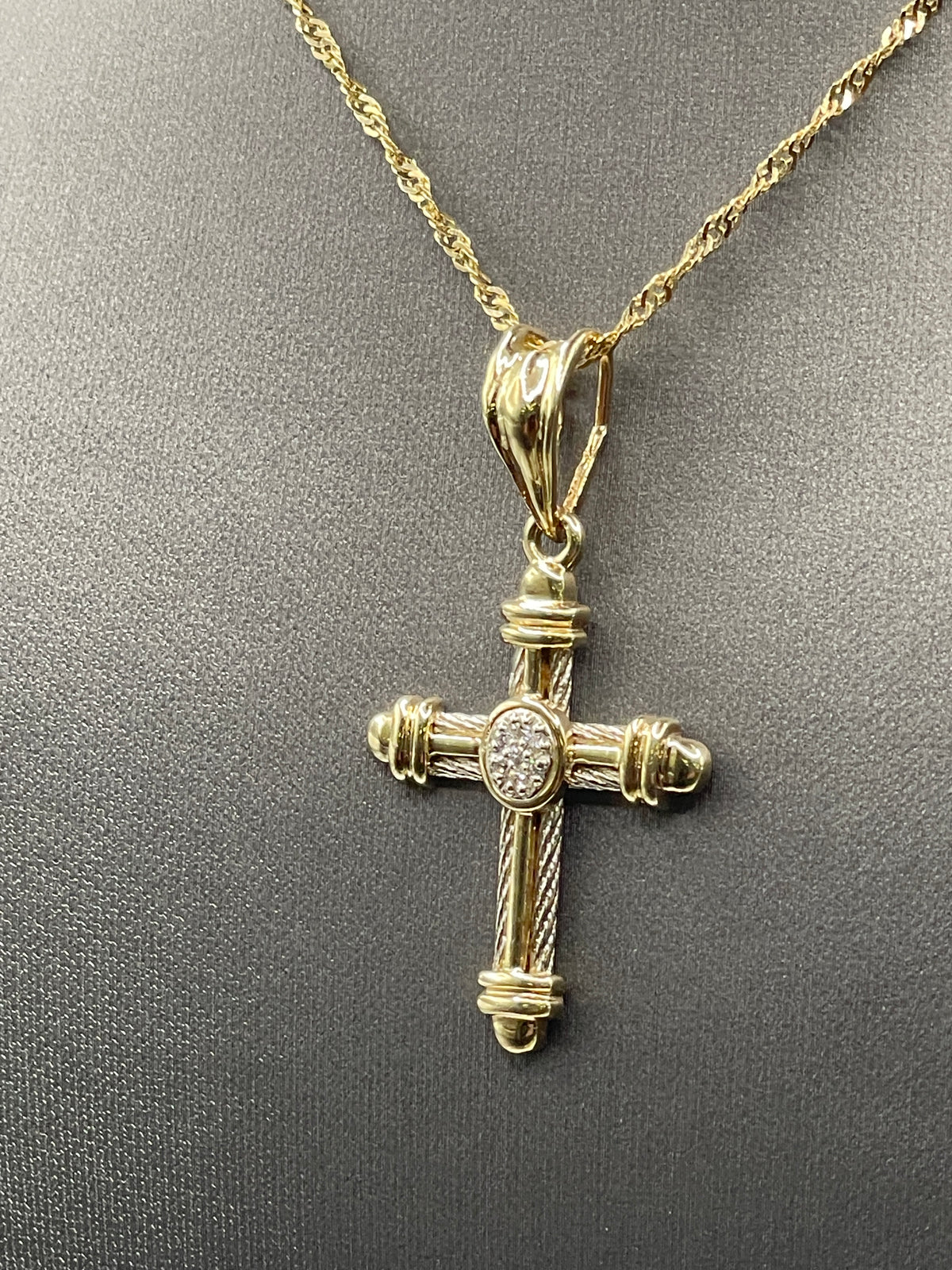 Ladies or Gents 14 Karat Solid Two-Tone Gold and Diamond Cross Pendant