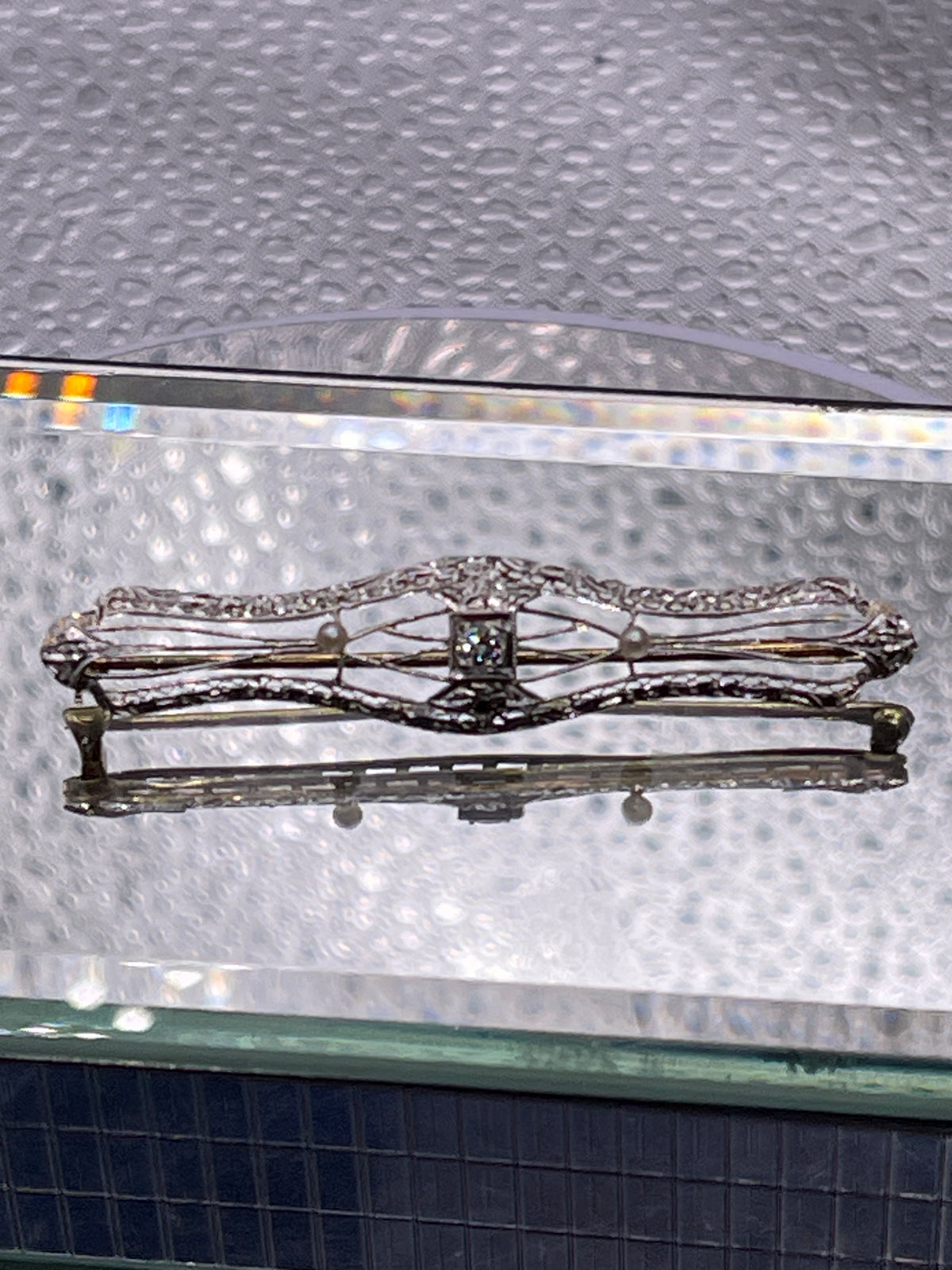 View one of Ladies Antique 14 Karat Solid White Gold Diamond and Pearl Pin