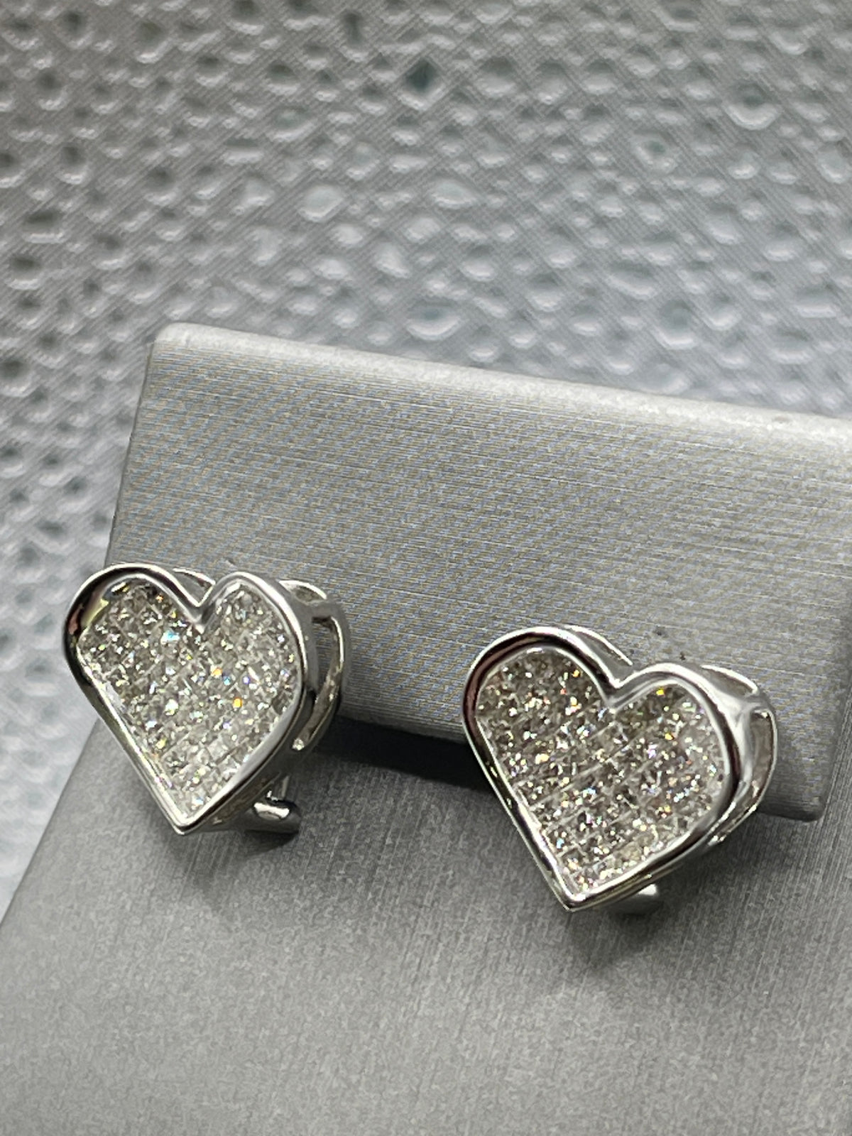 View two of Ladies 10 Karat Solid White Gold Princess Cut Diamond Heart Earrings