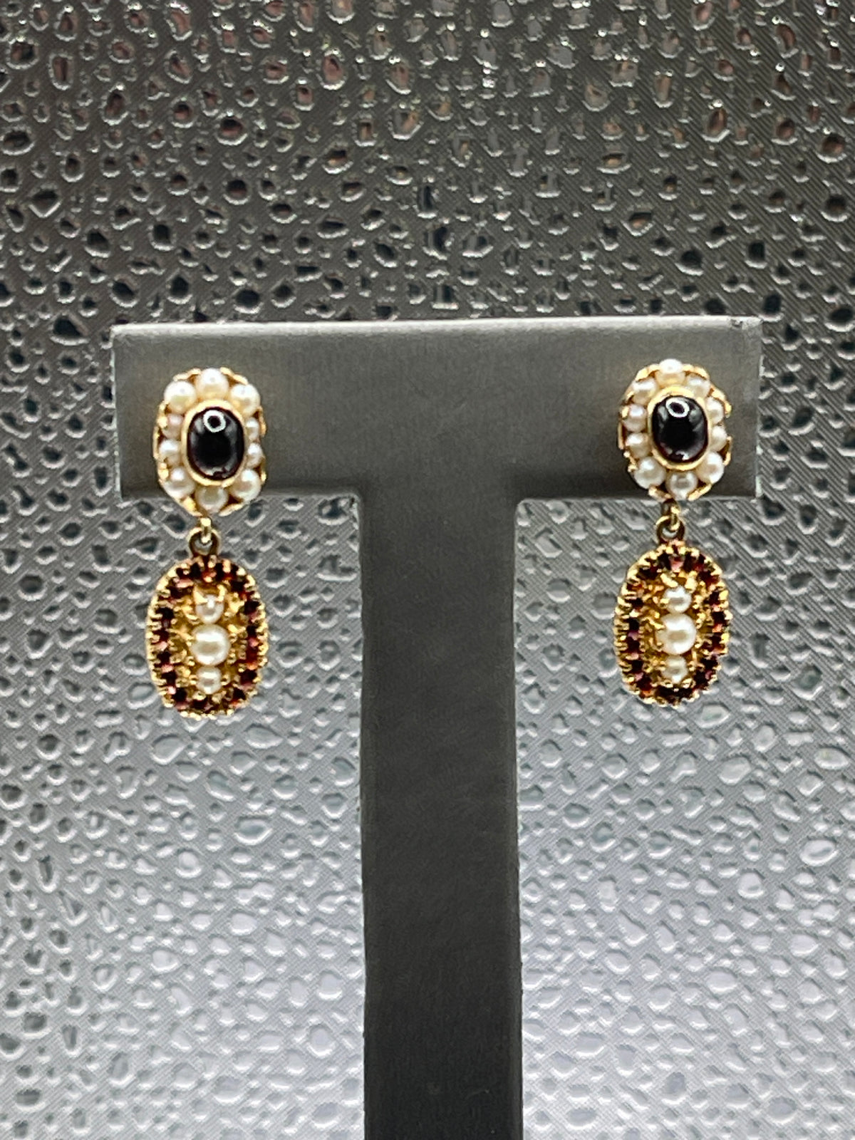 view two of Ladies Antique 14 Karat Solid Yellow Gold Cabochon Garnet and Pearl Earrings