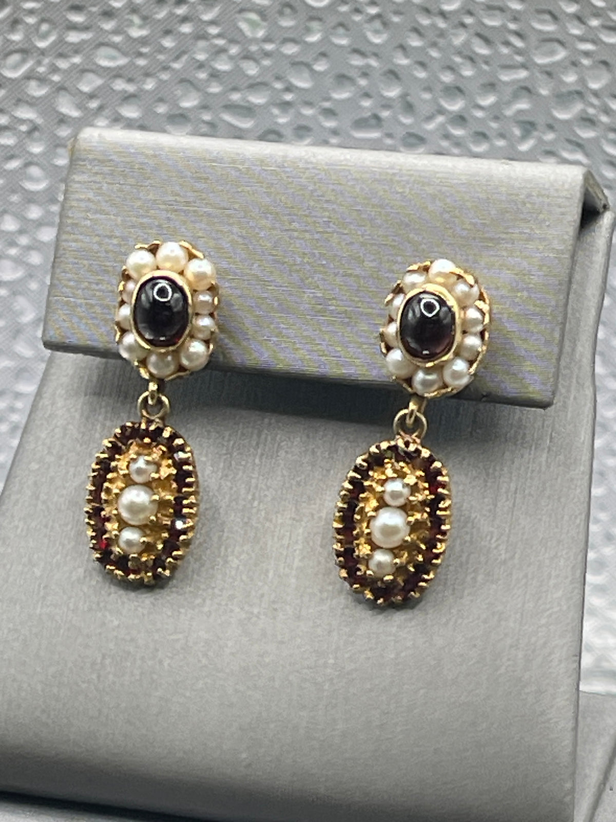 View four of Ladies Antique 14 Karat Solid Yellow Gold Cabochon Garnet and Pearl Earrings