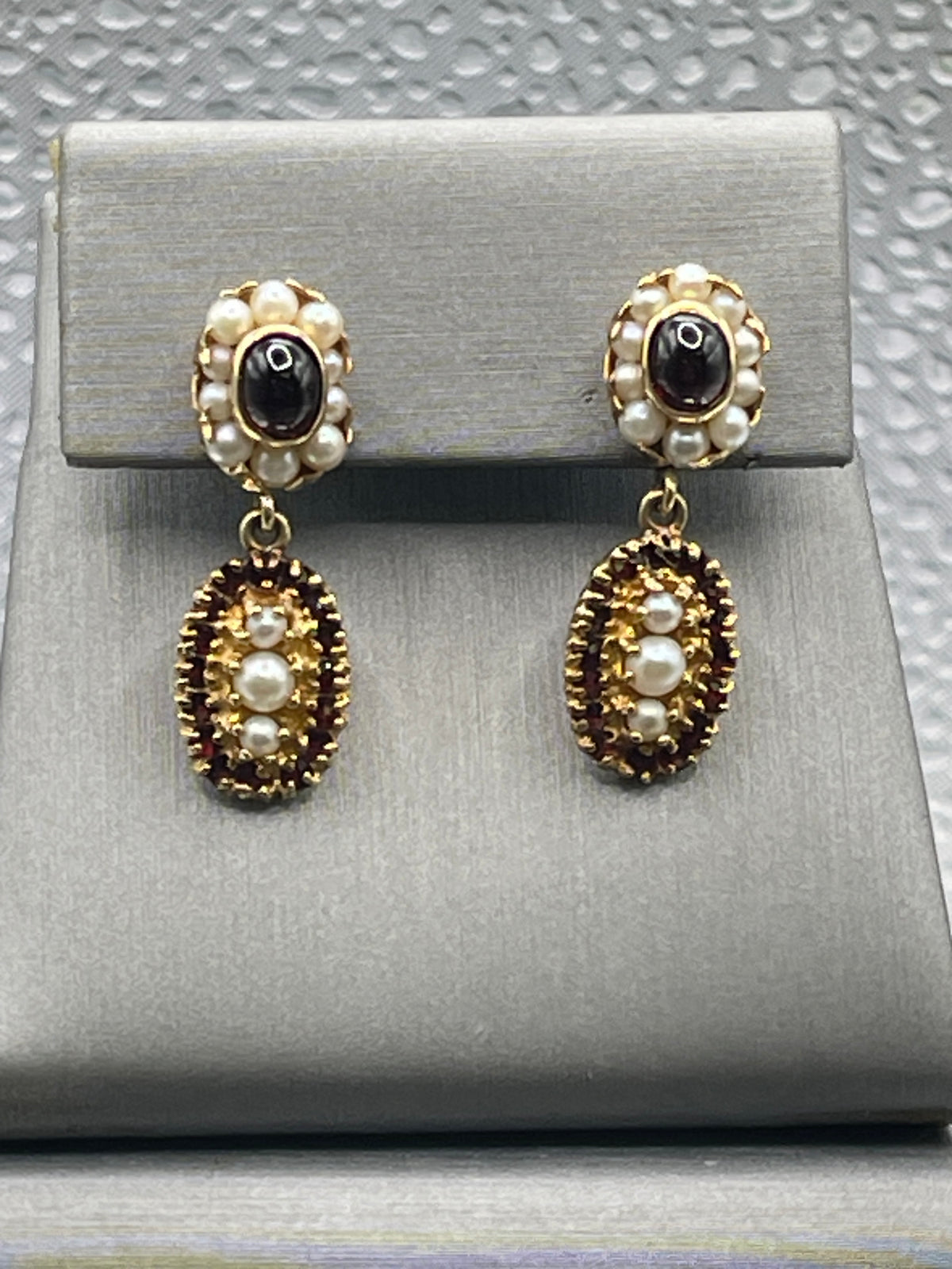 View six of Ladies Antique 14 Karat Solid Yellow Gold Cabochon Garnet and Pearl Earrings